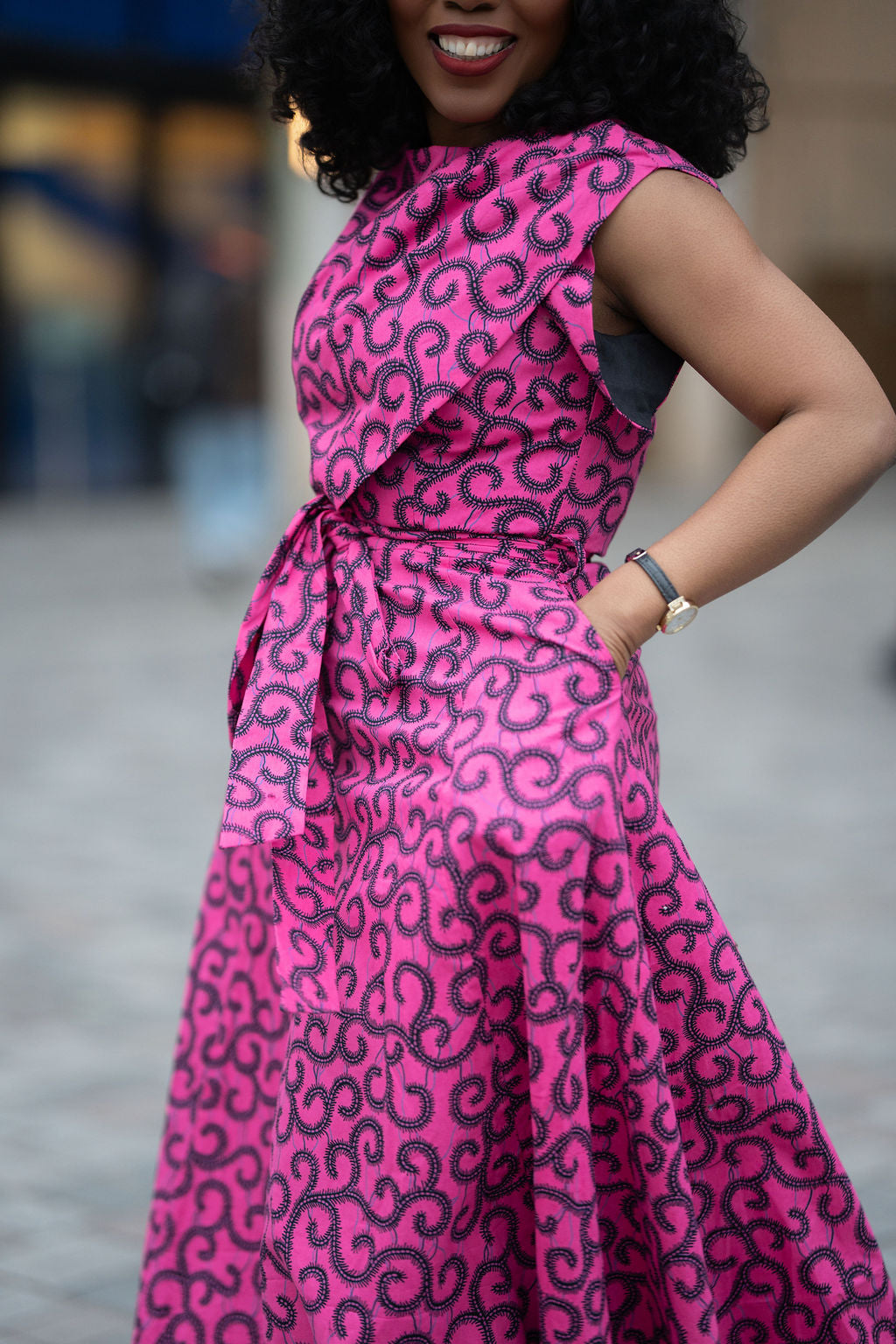 Close up view of Pink Ankara armless Midi dress