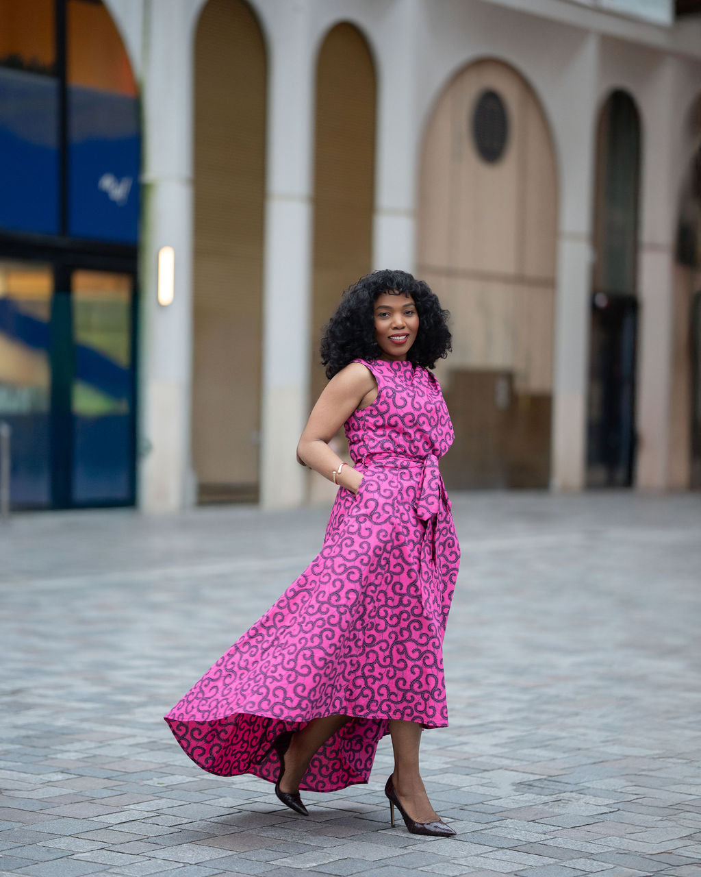 Side view of Ankara cotton occasion pink dress