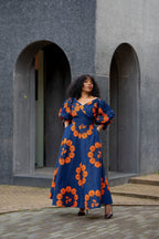 Front view African print Ankara Maxi Dress in Blue & Orange by Heritage Clothings.