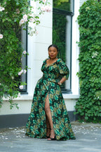 Green and Gold African print Cotton Maxi Dress with puff sleeves and front slit