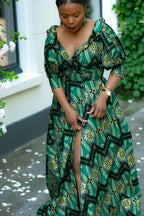 Green and Gold African print Cotton Maxi Dress with puff sleeves and front slit