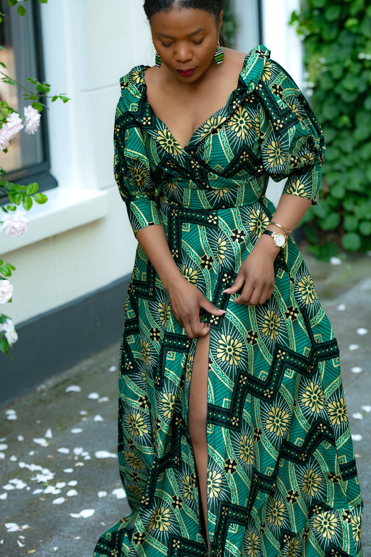 Green and Gold African print Cotton Maxi Dress with puff sleeves and front slit