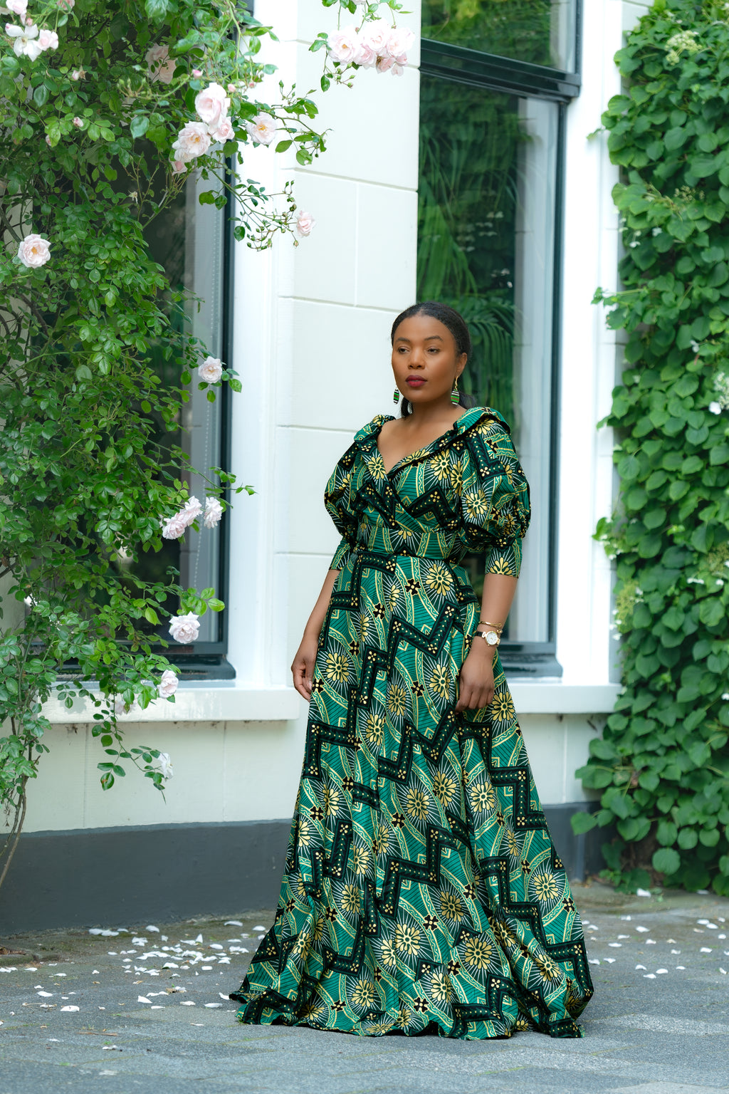 Green and Gold African print Cotton Maxi Dress with puff sleeves.