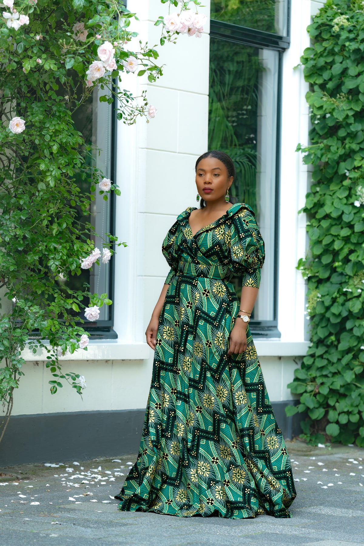 Green and Gold African print Cotton Maxi Dress with puff sleeves.
