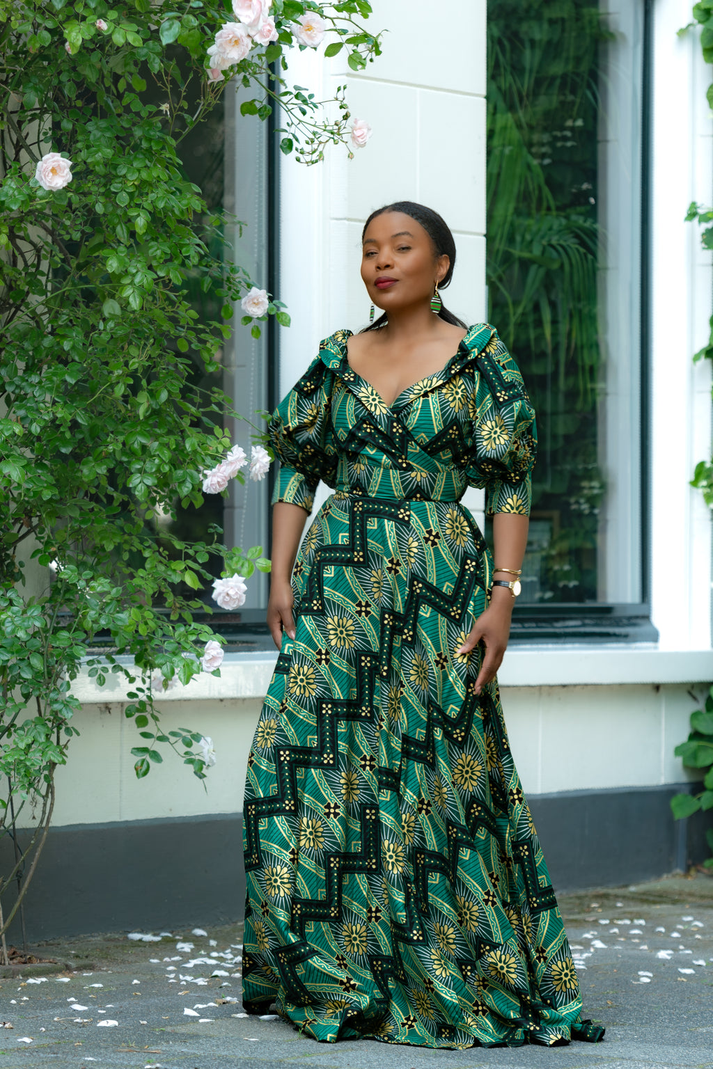 Green and Gold African print Cotton Maxi Dress with puff sleeves