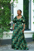 Green and Gold African print Cotton Maxi Dress with puff sleeves