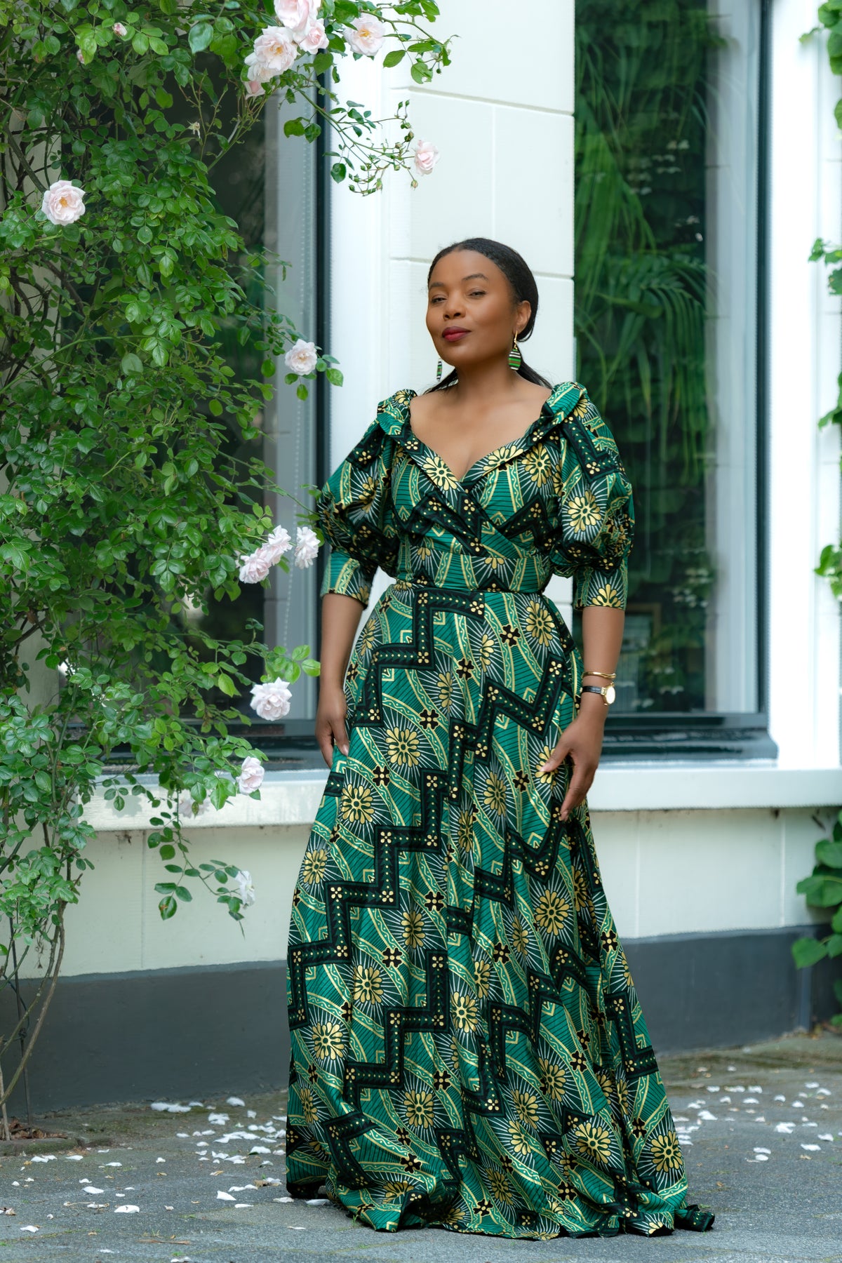 Green and Gold African print Cotton Maxi Dress with puff sleeves