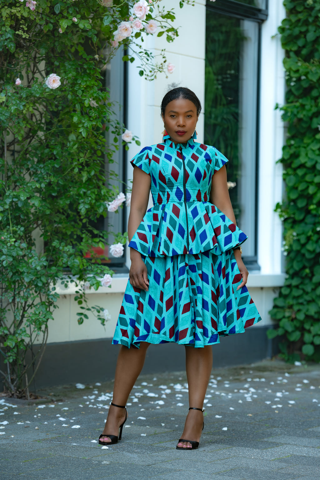 Blue African print Cotton Peplum Top with Front Zipper and matching Skirt by Heritage Clothings.