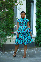 Blue African print Cotton Peplum Top with Front Zipper and matching Skirt by Heritage Clothings.