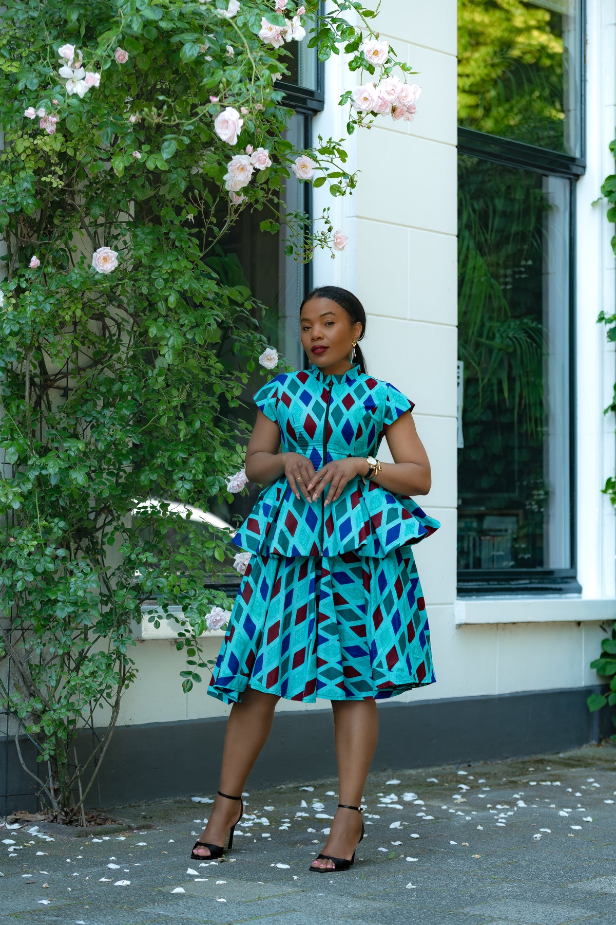  Blue African print Cotton Peplum Top with Front Zipper and matching Skirt.