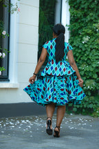 Back detail of Blue African print Cotton Peplum Top with Front Zipper and matching Skirt.