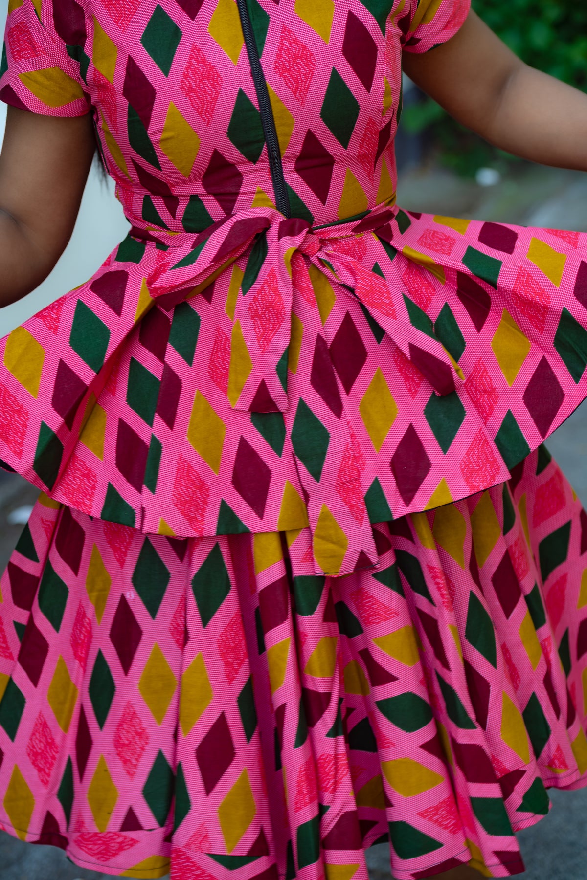 Close up Detail of Pink African print Cotton Flare Skirt with matching Top by Heritage Clothings