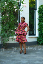 Pink African print Cotton Two Piece Set with Front Zipper and waist Tie.