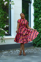 Pink African print Cotton Two Piece Set with Front Zipper and waist Tie.