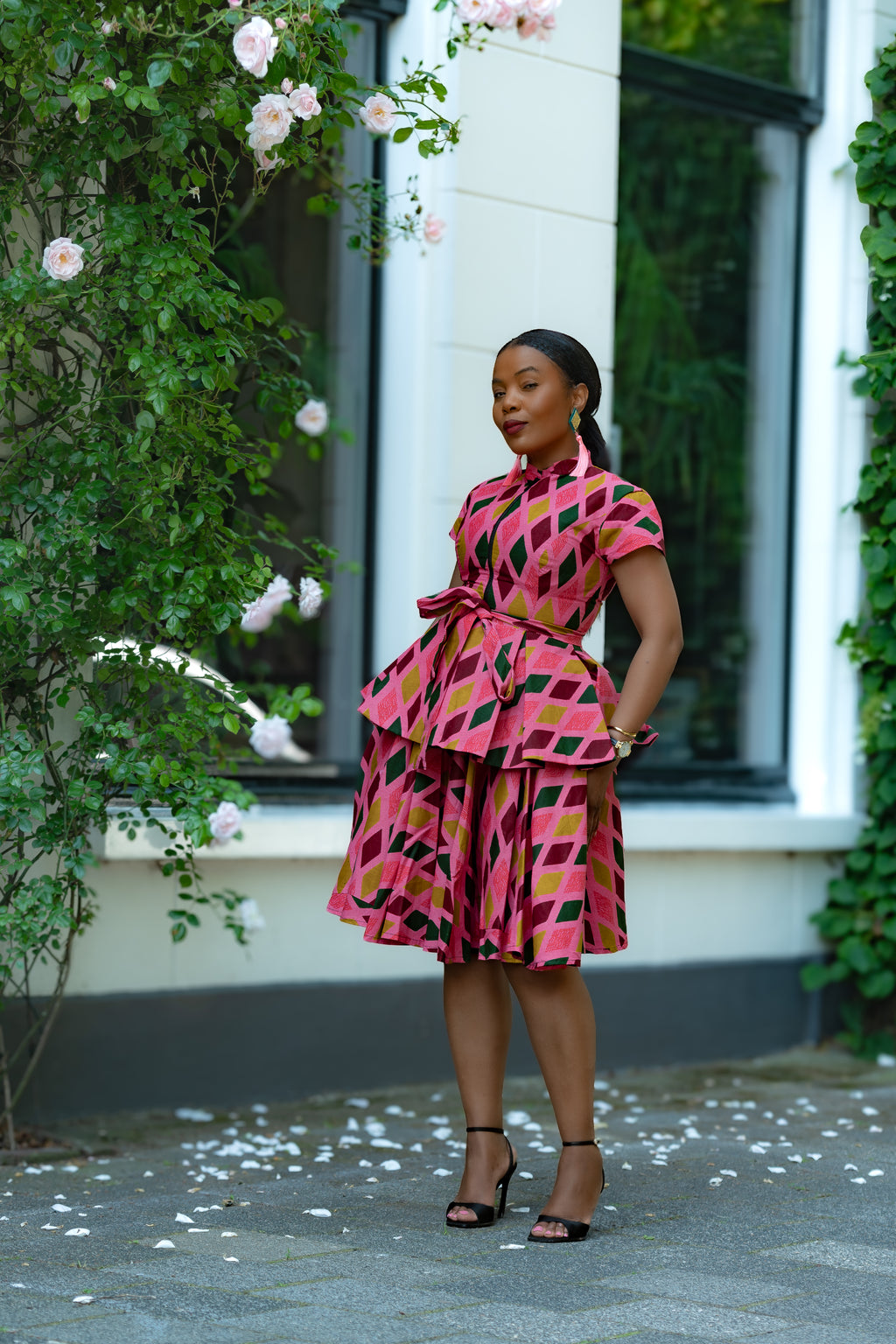 Pink African print Cotton Two Piece Set with Front Zipper and waist Tie.