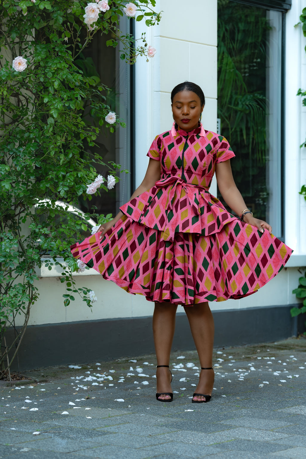 Pink African print Cotton Two Piece Set with Front Zipper and waist Tie.