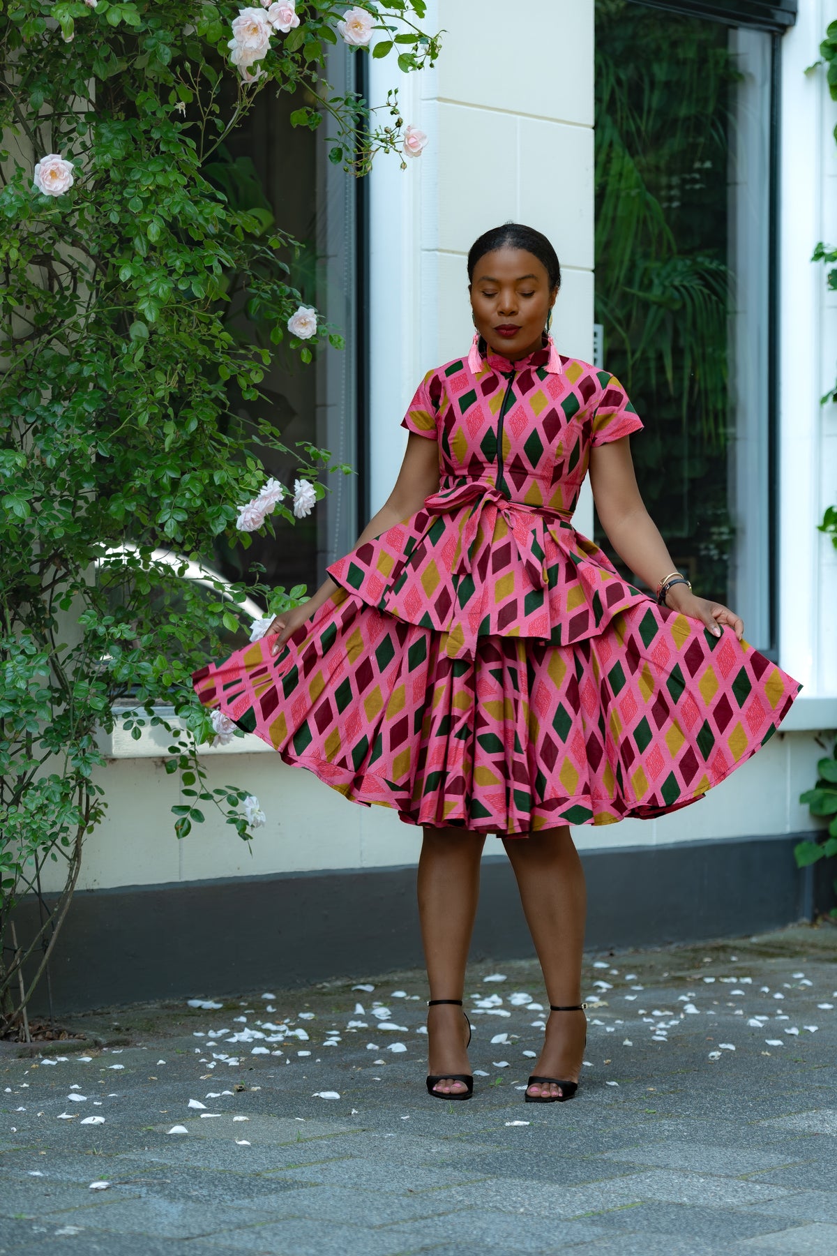 Pink African print Cotton Two Piece Set with Front Zipper and waist Tie.