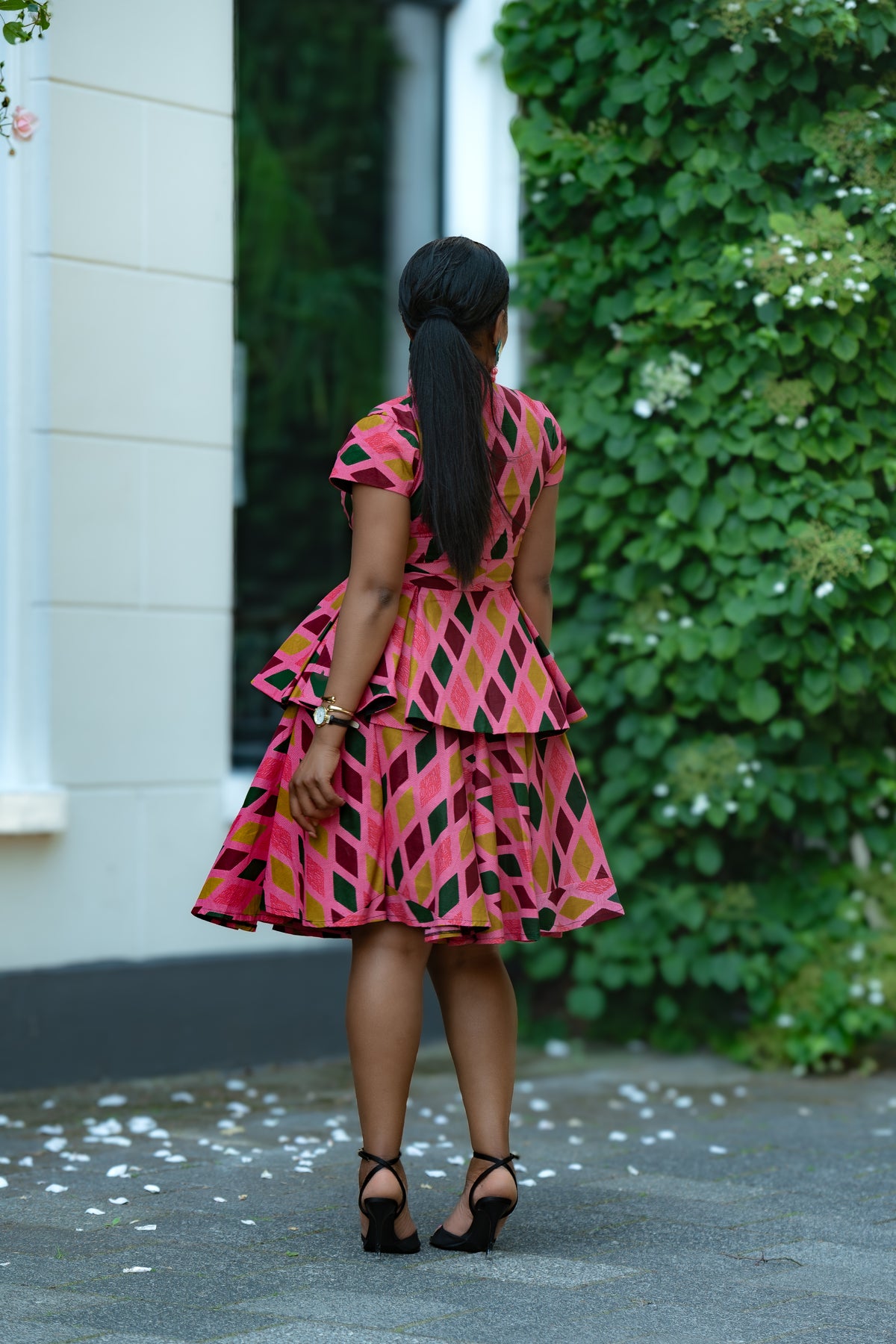 Pink African print Cotton Two Piece Set with Front Zipper and waist Tie.