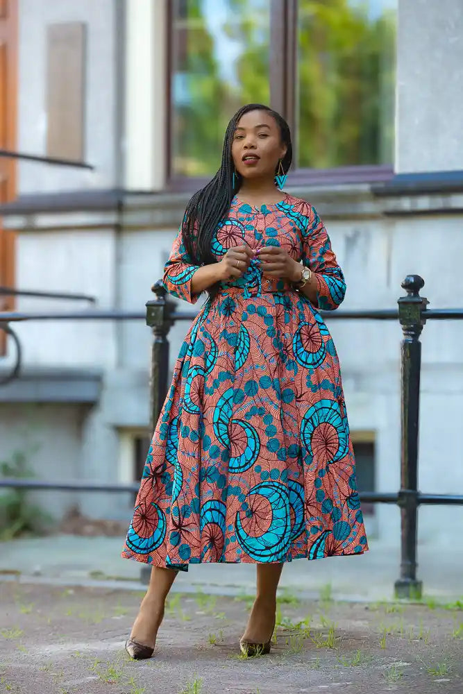 African print cotton maxi dress in brown and blue by Heritage clothings