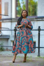 African print cotton maxi dress in brown and blue by Heritage clothings