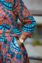 Close up sleeve of maxi wax print cotton dress