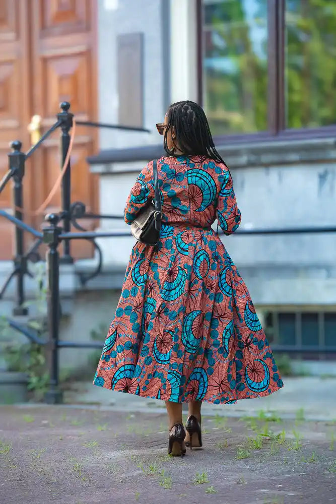 Back view of African print Ankara maxi dress in floral print