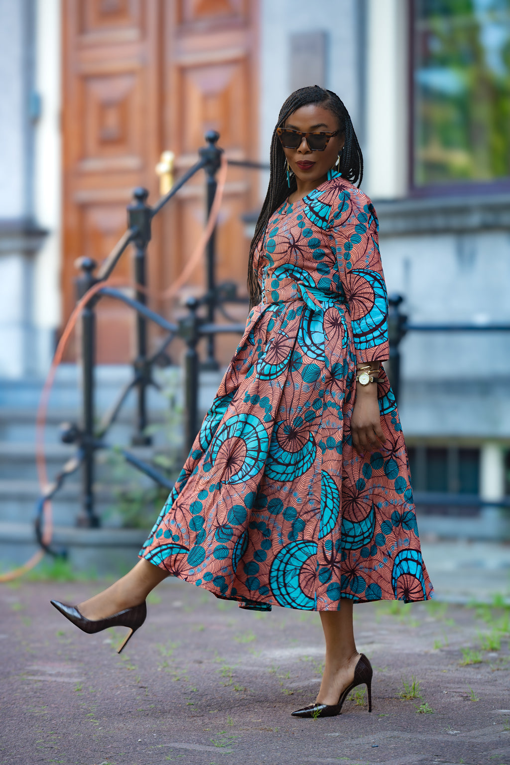 Side detail Yaya coral African print Ankara Midi Women's Clothing