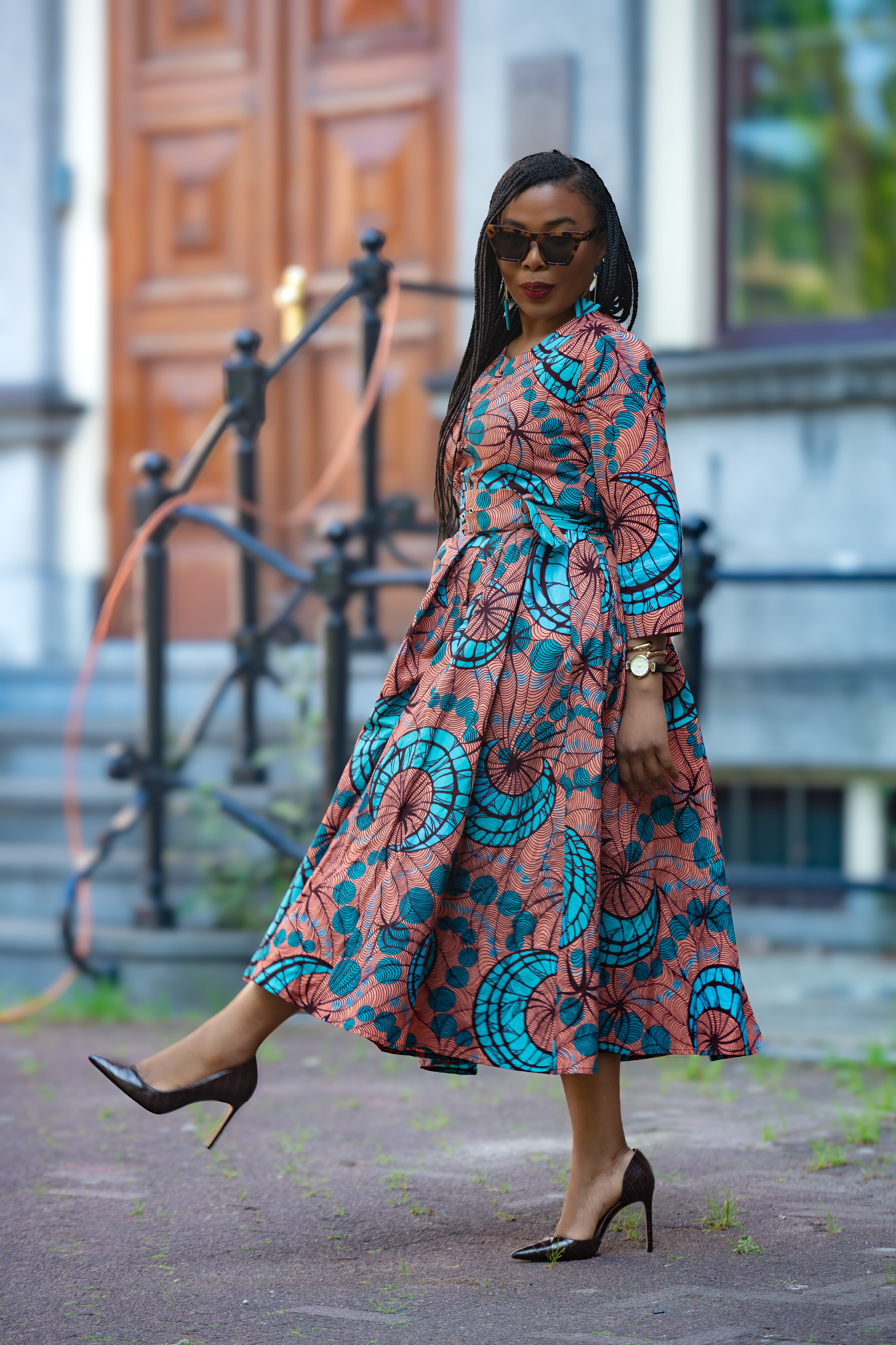 Side detail Yaya coral African print Ankara Midi Women's Clothing