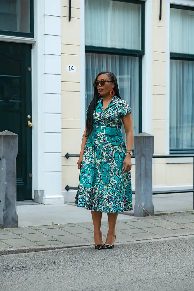 Zafira Teal African Print Dress