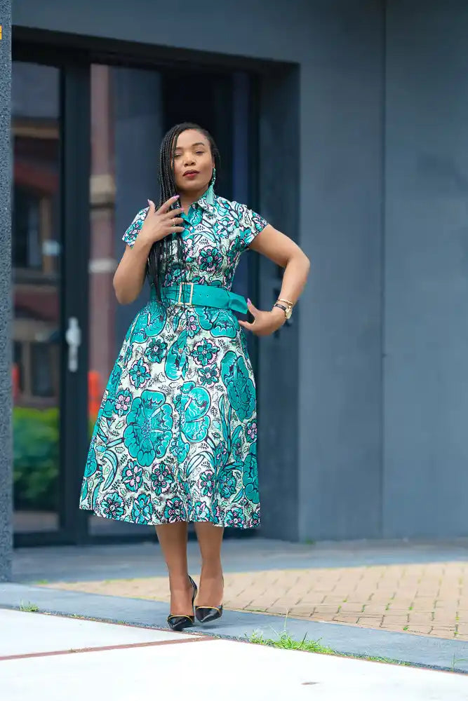 Zafira Teal African Print Dress