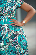 Close of a Belted colorful African wax print Midi Dress