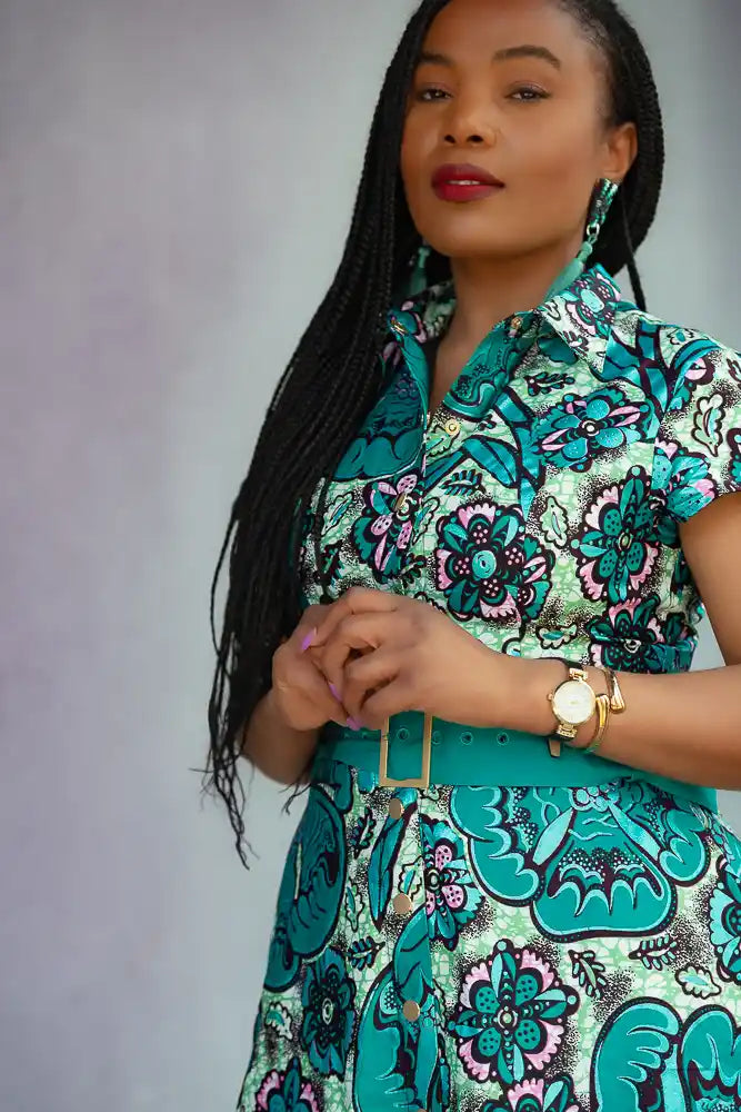 Zafira Teal African Print Dress
