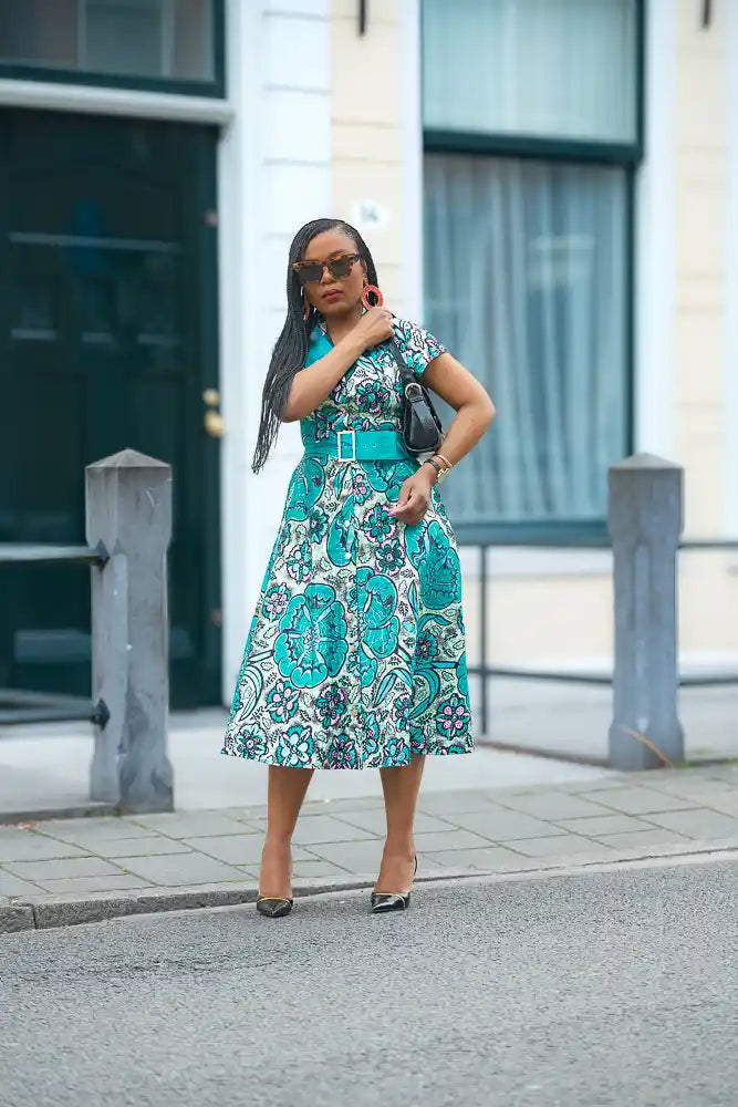 Zafira Teal African Print Dress