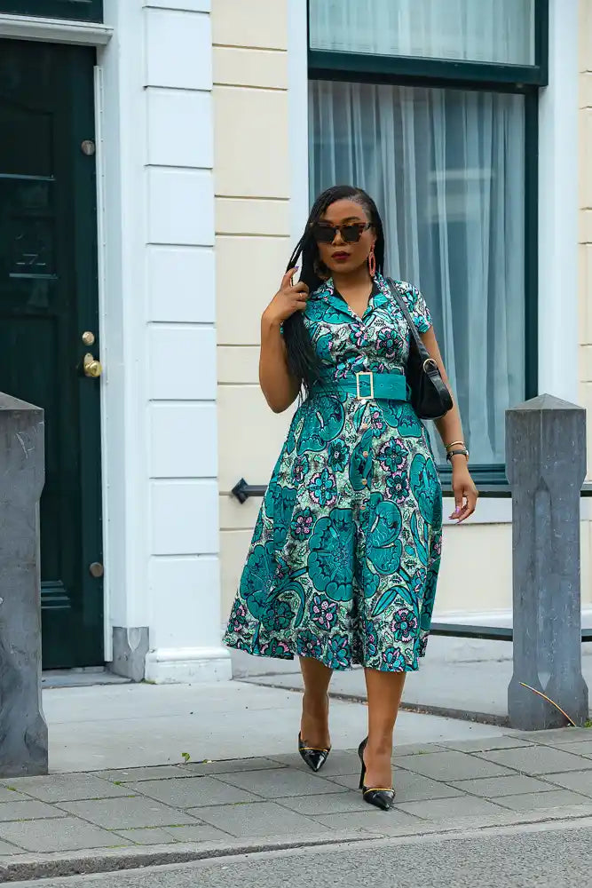 Zafira Teal African Print Dress