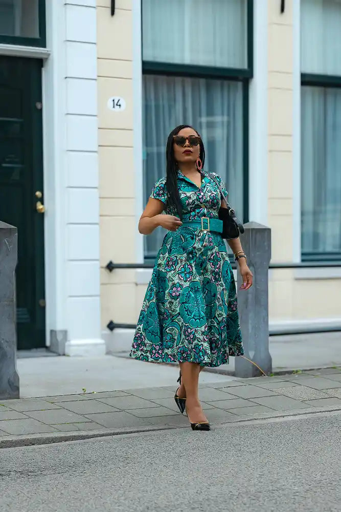 Zafira Teal African Print Dress
