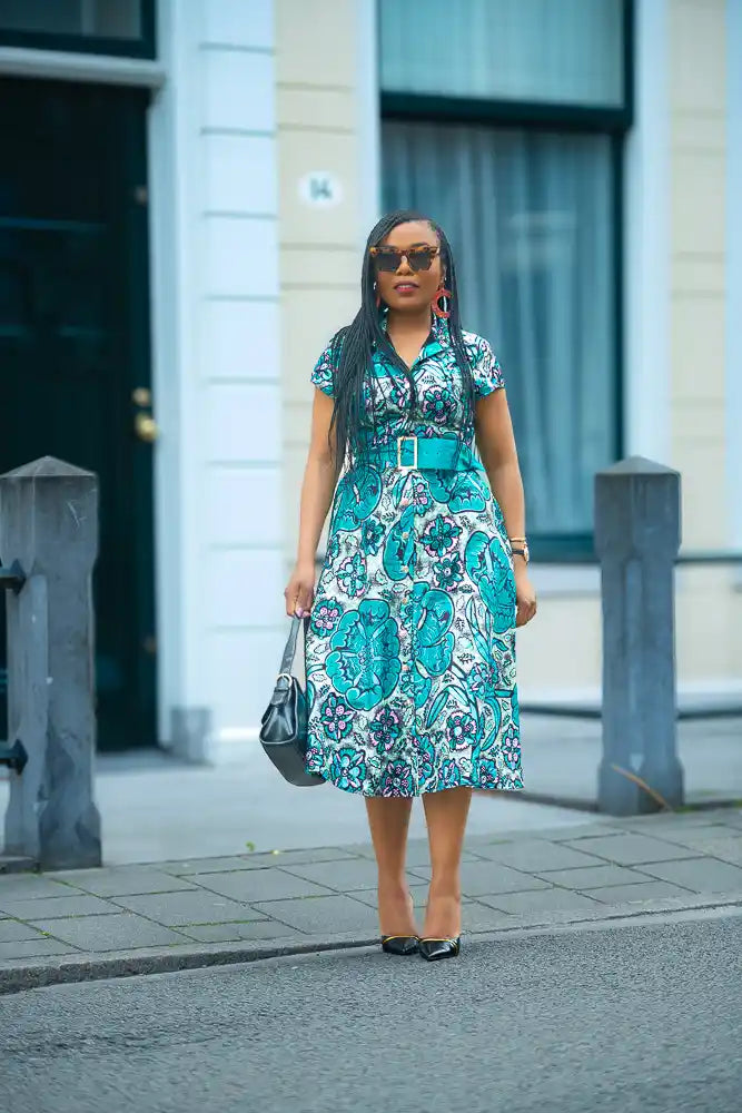 Zafira Teal African Print Dress