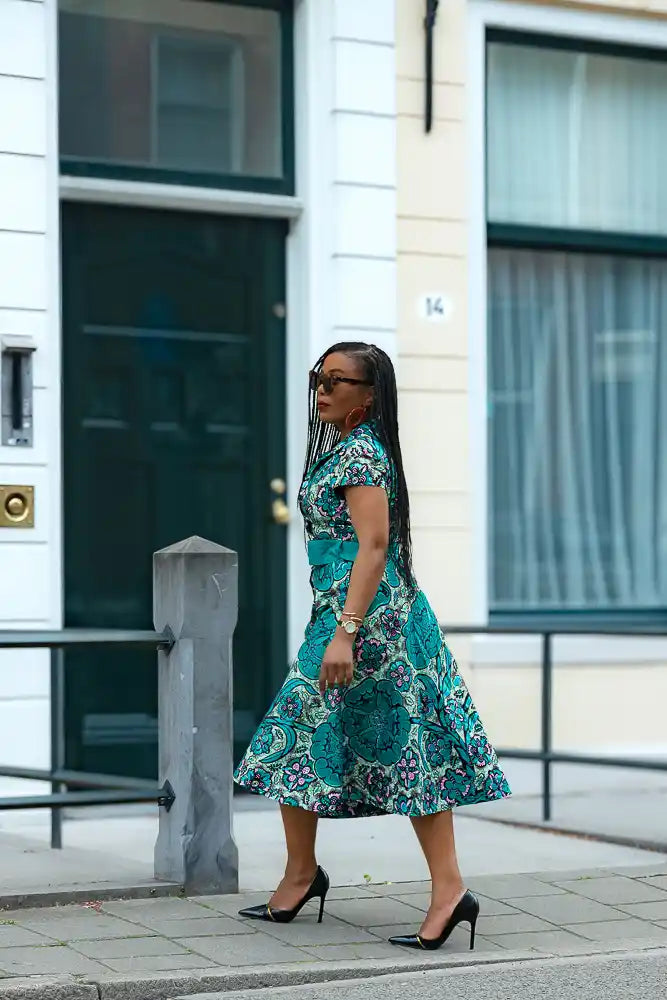 Side view of Ankara Teal Midi party dress