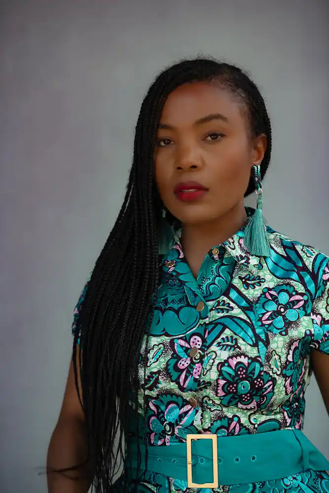 Close up of a collared Midi 100% Ankara Cotton Dress