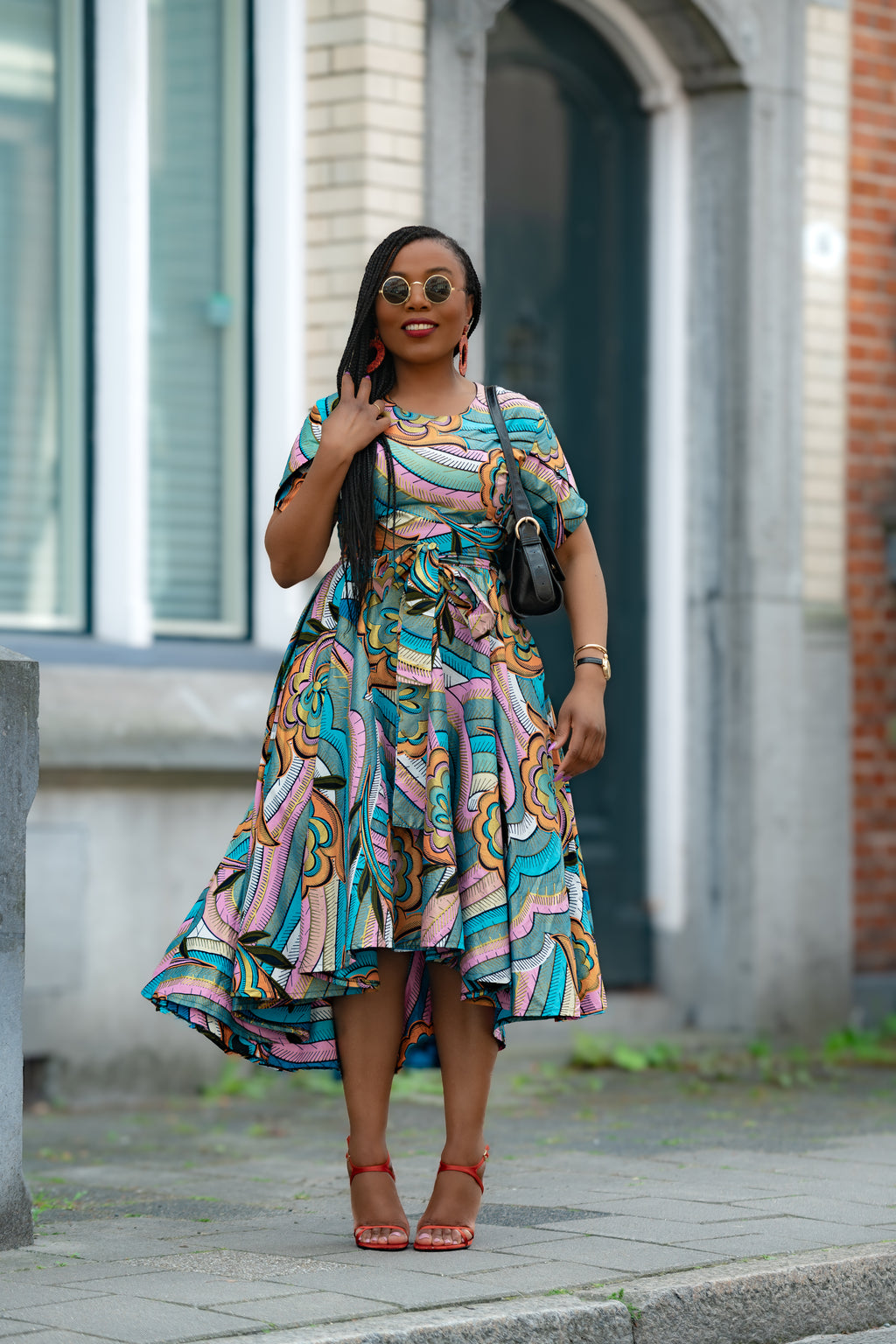 Multicolour African print cotton Midi Dress with Matching Belt.