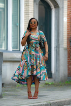 Multicolour African print cotton Midi Dress with Matching Belt.