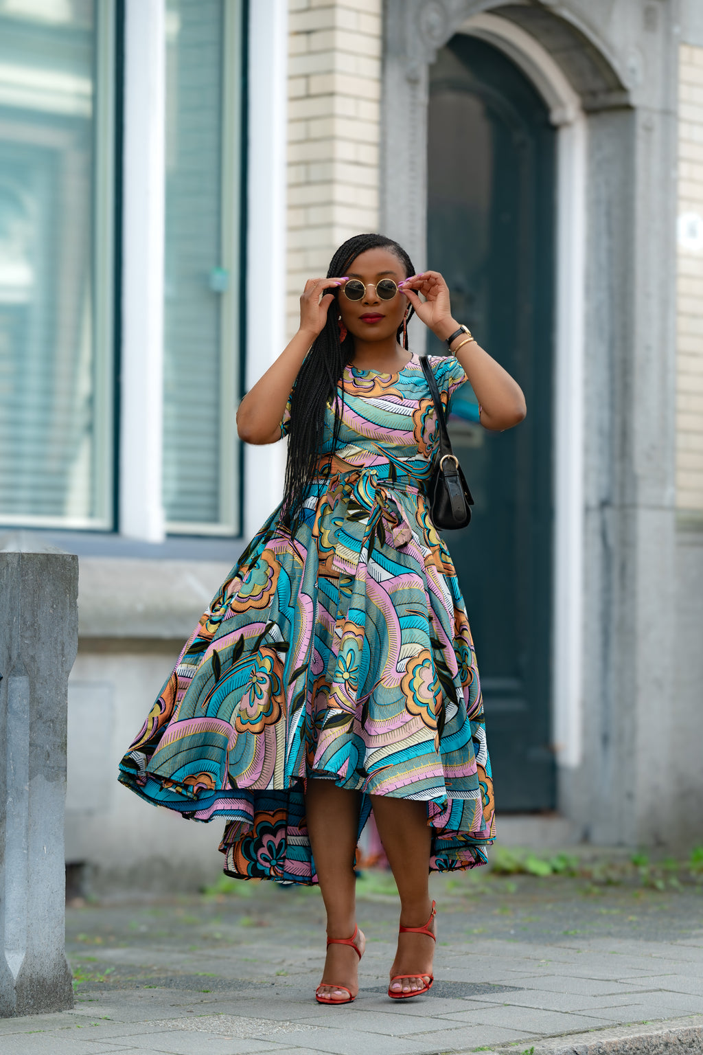Multicolour African print cotton Midi Dress with Matching Belt.