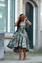 Multicolour African print cotton Midi Dress with Matching Belt.