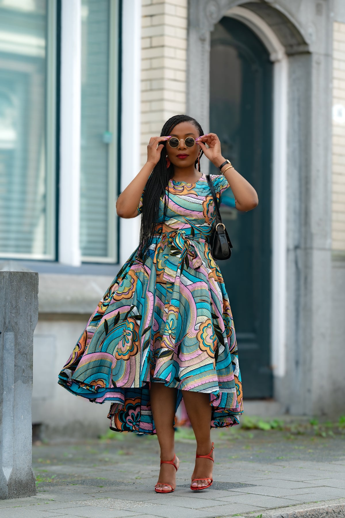 Multicolour African print cotton Midi Dress with Matching Belt.