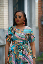 Close up detail ofMulticolour African print cotton Midi Dress with Matching Belt.