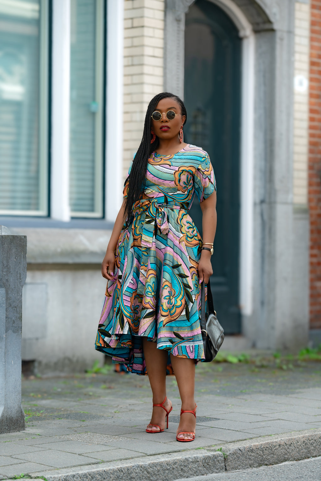 Multicolour African print cotton Midi Dress with Matching Belt & 3/4 sleeves.
