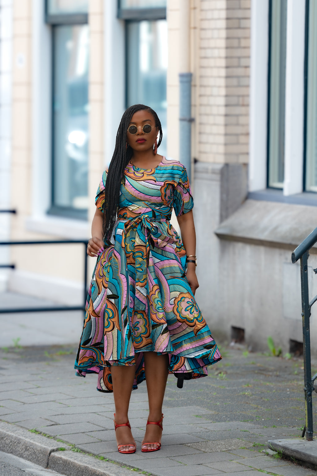 Multicolour African print cotton Midi Dress with Matching Belt.