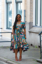Multicolour African print cotton Midi Dress with Matching Belt.