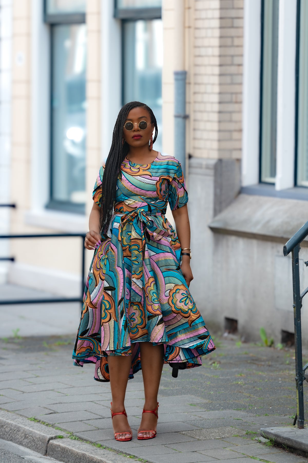 Multicolour African print cotton Midi Dress with Matching Belt.