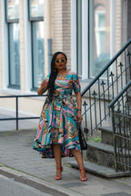 Multicolour African print cotton Midi Dress with Matching Belt.