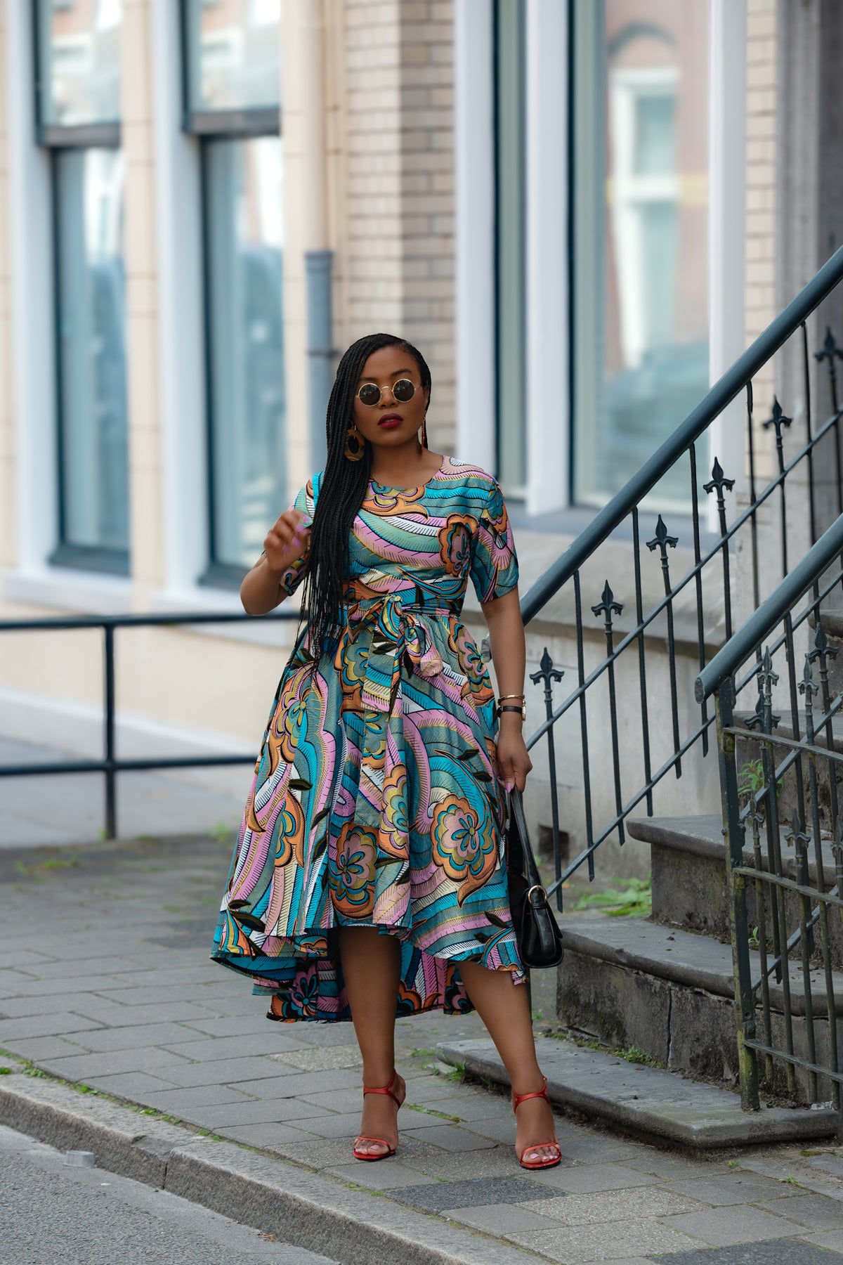 Multicolour African print cotton Midi Dress with Matching Belt.